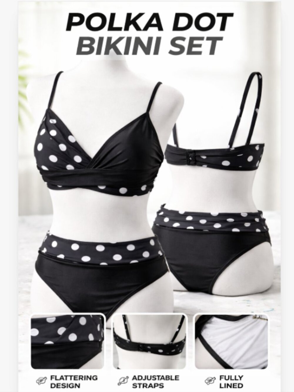 Black White Polka Dot Bikini Set Women High Waisted Swimwear Adjustable Straps